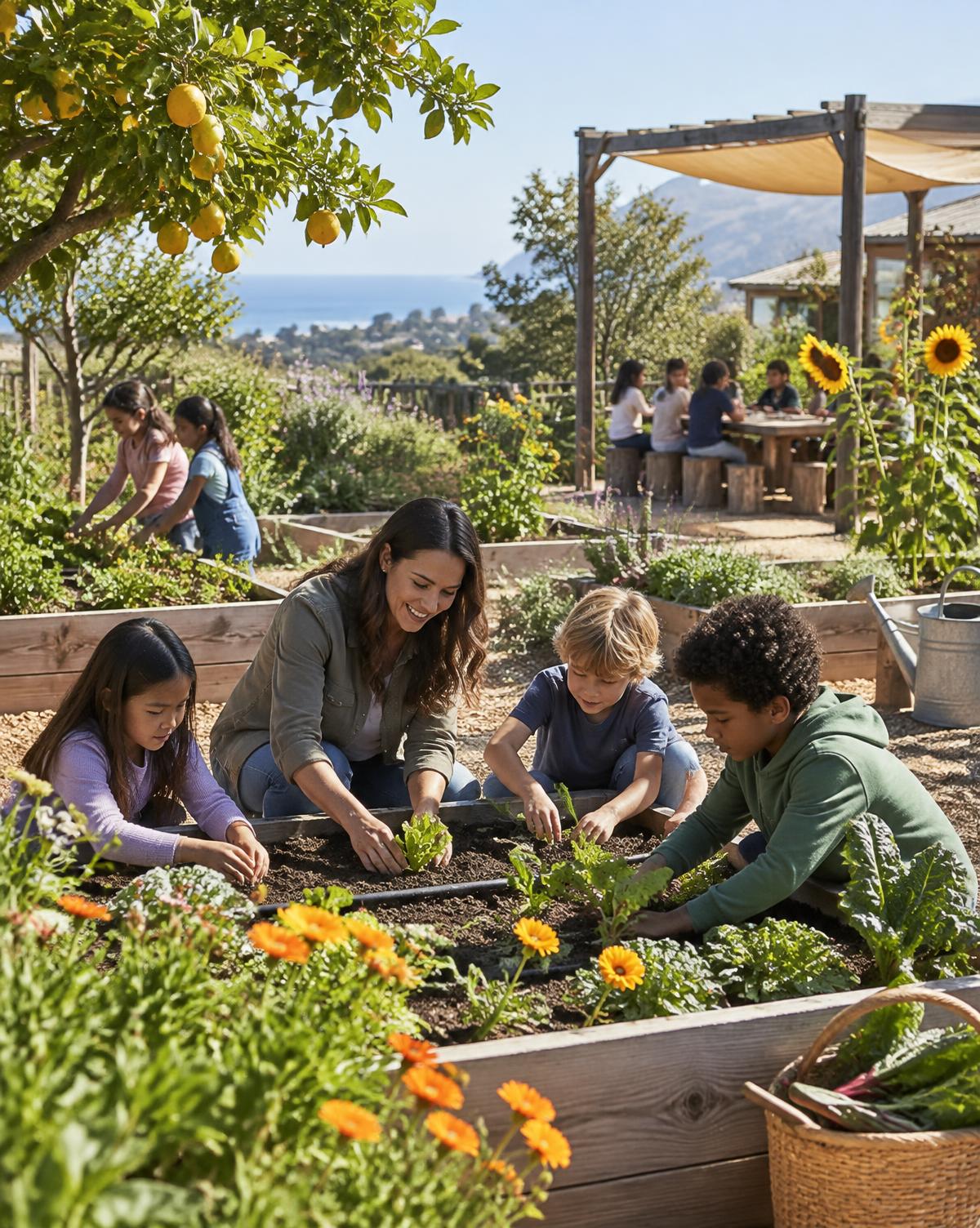 A productive Californian edible garden with vegetables and herbs