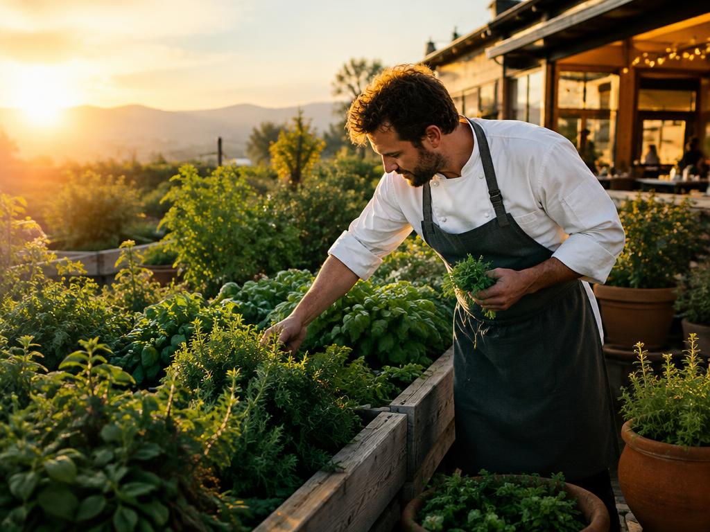 A chef harvesting fresh herbs from raised beds at golden hour