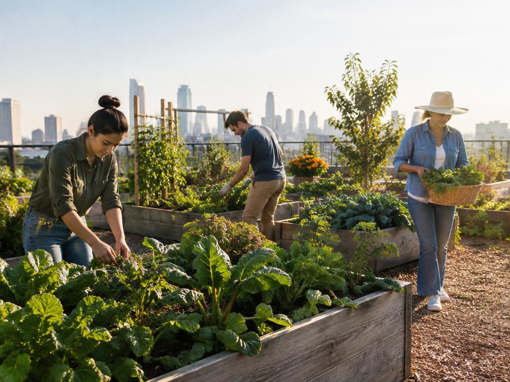 Employees tending a shared rooftop edible garden