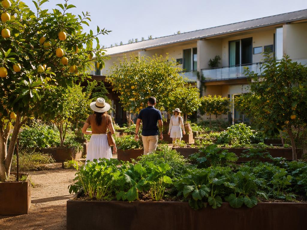 Guests walking through a hotel courtyard edible garden with citrus trees