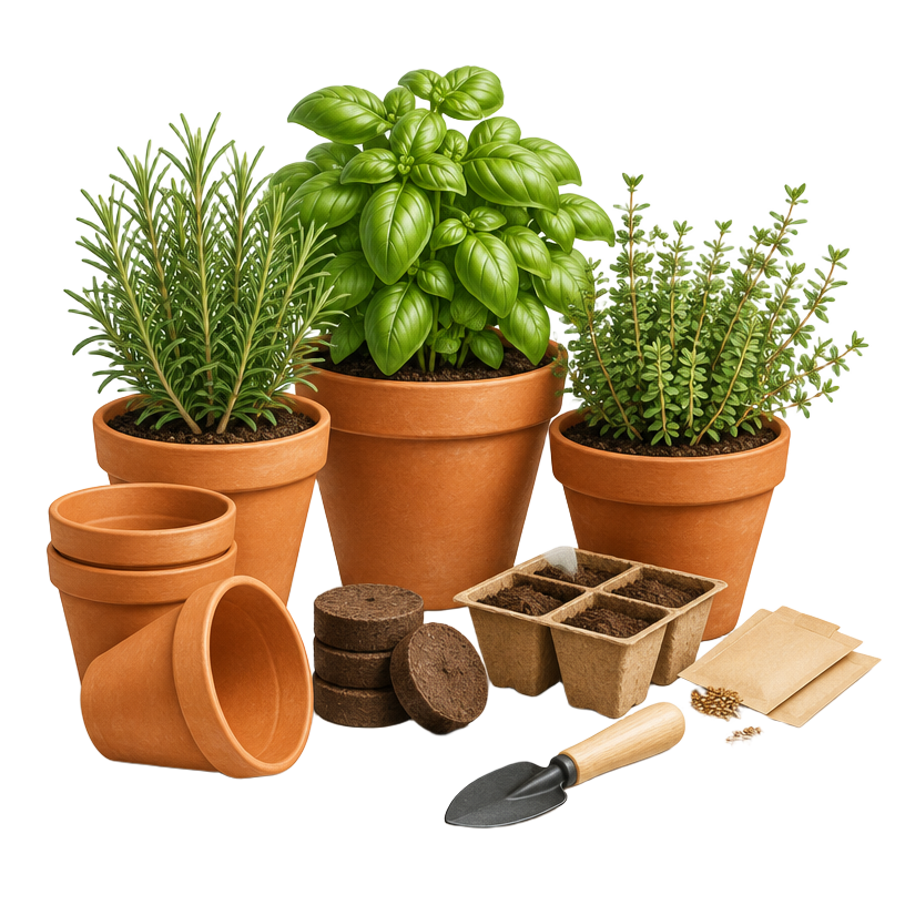 Terracotta pots with basil, rosemary and thyme beside a seed-starting kit